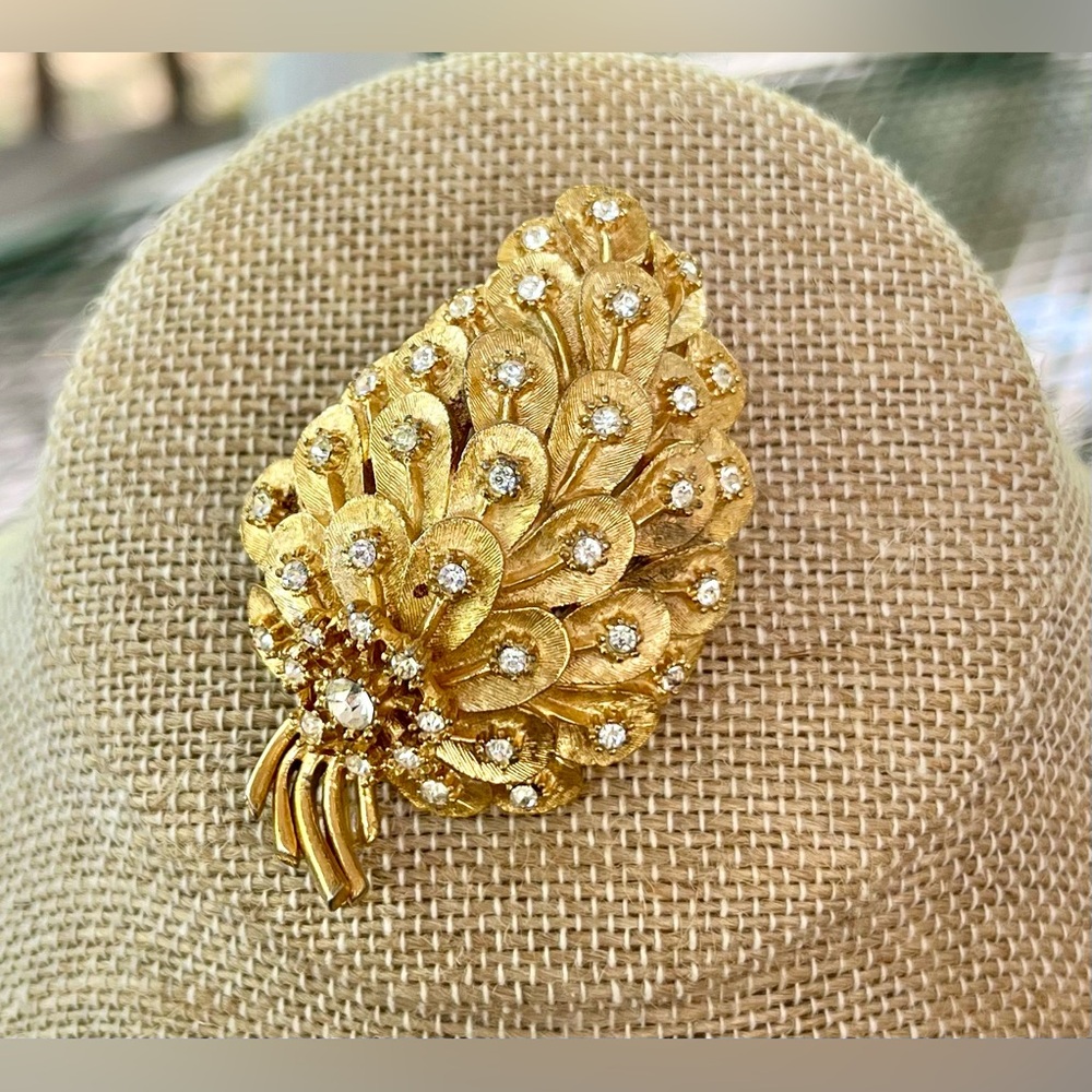 Vintage Feather Fan Domed Brooch with Sparkling Rhinestones, Pre-loved, EUC
